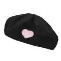 Black bubble gauze beret hat for women featuring a cute pink embroidered heart patch detail. - One Size / Heart Letter Black