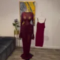 Burgundy sheer mesh long sleeve polka dot maxi dress set with slip inner wear for women. - S / Burgundy