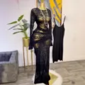 Sexy black sheer mesh floral flocked long sleeve midi dress with inner slip for autumn. - S / Dresses / Black-2