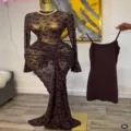 2025 Autumn European sexy mesh floral flocked long dress two-piece set with inner slip. - S / Dresses / Dark Brown