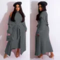 Autumn winter women two piece set cardigan coat and dress elegant long knit outfit - Dark Gray