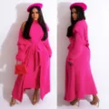 Hot pink fuzzy cardigan dress set winter elegant long coat stylish two piece outfit - Rose Red