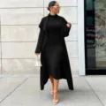 Women Fall Winter Black Knit Two Piece Set Long Cardigan Sweater Dress Fashion Elegant - Black