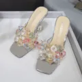 Aesthetic transparent crystal high heels, square open toe rhinestone sparkly summer sandals. - 35 / Silver
