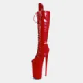 Red patent leather lace-up platform extreme high heel knee high fashion boots for women. - 35 / Red