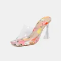 Transparente High Heel Pantoletten für Damen, offene Zehen klare Mules mit bunter bedruckter Sohle. - 35 / Aprikose