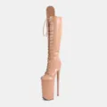 Nude patent leather lace-up platform stiletto high boots for women, extreme heel style. - 35 / Apricot