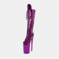 Purple glossy patent leather lace-up platform ultra high stiletto knee high boots - Purple