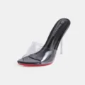 Clear high heel mule sandals with black insole and transparent stiletto heel for women. - 36 / Black