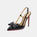 Black patent leather slingback high heels with stylish bow detail and iconic red soles. - 35 / Black