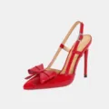 Red patent leather slingback stiletto pumps with elegant bow detail for women fashion parties. - 35 / Red