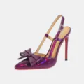 Purple patent leather slingback high heels with chic bow, rhinestone buckle and red sole. - 35 / Purple