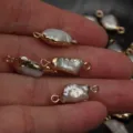 Natural freshwater baroque pearl connector charms with gold plated edges for DIY jewelry making. - Loose Gemstone / Natural White Double Loop