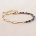 Gold-plated stainless steel natural stone double layer paperclip bracelet fashion jewelry - Lapis Veined Natural Stone Style (NAQ01-8) / 3mm Seed Beads / Lapis Blue