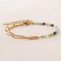 Gold Stainless Steel Paperclip Beaded Layered Bracelet with Natural Agate & Turquoise - Green