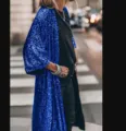 Women's glamorous royal blue sequin long cardigan jacket, perfect for party and evening fashion wear. - S/M / Tops / Blue