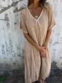Robe midi décontractée en coton et lin col V manches courtes pour femmes été quotidien - Abricot