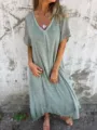 Robe midi décontractée en coton et lin col V, tenue quotidienne estivale à manches courtes. - Vert malachite