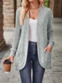 Grey ribbed knit cardigan long sleeve for women, casual open front sweater detail view. - Gray