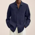 Camicia Uomo Manica Lunga Lino Cotone Casual Scollo V Bottoni Top Elegante - Taglia S / Nero