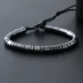 Men's retro adjustable black hematite beaded bracelet with braided cord geometry style - 6mm Hematite Cylinder Spacer Style (NAP07-3)