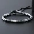 Men hexagonal faceted hematite bead bracelet stainless steel adjustable black cord jewelry - 6*2mm Hexagonal Faceted Hematite Style (NAP07-4)