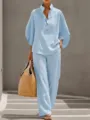 Hellblauer lässiger Damen Zweiteiler, ideal für urbane Pendler und den Alltag. - S / Oberteil und Hose / Hellblau
