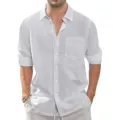 Ανδρικό casual βαμβακερό λινό μακρυμάνικο πουκάμισο με τσέπη σε λευκό χρώμα - 3XL / Tops / Ανοιχτό Γκρι (Με Τσέπη)