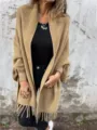 Details of the women's cozy faux mink fringe cape shawl, showing soft texture and batwing design. - S / Tops / Khaki