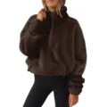 Women half zip fleece sweatshirt brown fluffy winter pullover casual warm top stylish - S / Tops / Coffee