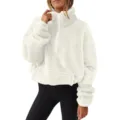 Gedetailleerde close-up van de zachte gebroken witte fleece truishirt met halve rits. - S / Tops / Wit