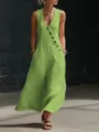 Detail view of a stylish lime green sleeveless V-neck maxi dress with asymmetric black buttons. - Light Green