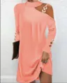 Peach pink asymmetric cutout long sleeve dress featuring stylish gold metal buckle and button cuffs. - S / Pink