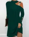 Dark green long sleeve casual dress featuring stylish metal buckle and chic button cuffs. - S / Green