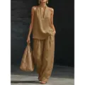 Women Summer Khaki Sleeveless Halter Top And Wide Leg Pants Two Piece Set Casual Chic - Caramel color