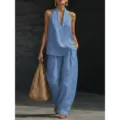Zomer vrouwen blauw mouwloos halter top en losse wijde broek tweedelig set casual outfit. - S / Top en Broek / Hemelsblauw