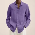 Purple linen-blend long sleeve shirt detail view, showing button-down collar and fabric. - S / Purple