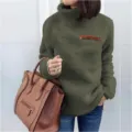 Women's autumn winter cozy fleece high neck sweater with chest zipper detail casual top - Army Green