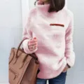 Women's high neck fleece sweater winter autumn casual warm pullover top with zipper pocket style. - S / Tops / Pink