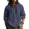 Chemise Homme Coton Lin Capuche Manches Longues Bouton Pull Haut Casual Été Tendance - Bleu marine