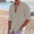 Men's casual long sleeve solid color beach shirt, classic lapel button down summer top. - Khaki