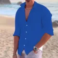 Men's solid color long sleeve turn-down collar beach shirt for summer casual wear outdoor street. - Sapphire Blue