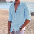 Men's light blue long sleeve casual shirt, breathable beach summer lapel top for outdoor street. - Light Blue