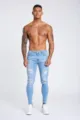 Men light blue slim fit distressed jeans casual denim pants fashion regular trousers - S / Bottoms / Light Blue