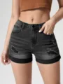 Women high waisted distressed denim shorts with rolled cuffs casual summer denim shorts black - S / Bottoms / Black