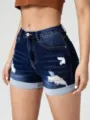 High waist distressed denim shorts for women, dark blue roll hem casual summer daily wear. - S / Bottoms / Navy Blue