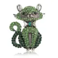 Detailed view of exquisite green rhinestone cat brooch, sparkling crystal animal lapel pin. - Green (XZ4855B)