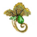 Detail van vintage goudkleurige blad broche versierd met sprankelende kristallen. - Bladstijl (xz4997B) / Groen