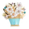 Pearl flower basket brooch gold tone rhinestone crystal plant pin fashion jewelry accessory - Blue Flower Basket (xz4765B) / Blue