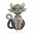 Rhinestone crystal cat brooch pin for women, sparkling fashion animal costume jewelry accessory. - Black And White (XZ4855D)